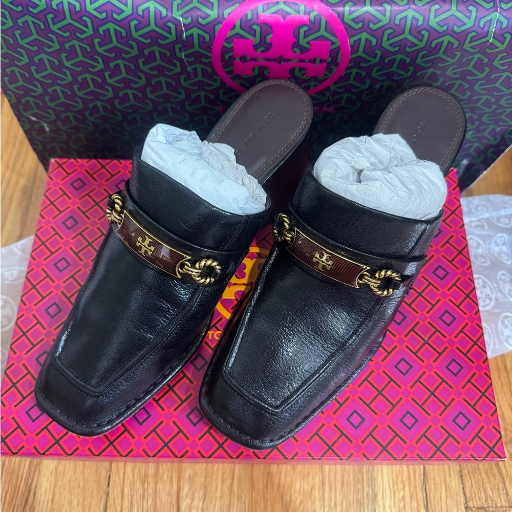 Tory Burch Black Leather Slip-On Mules with Gold-Tone Logo Hardware
